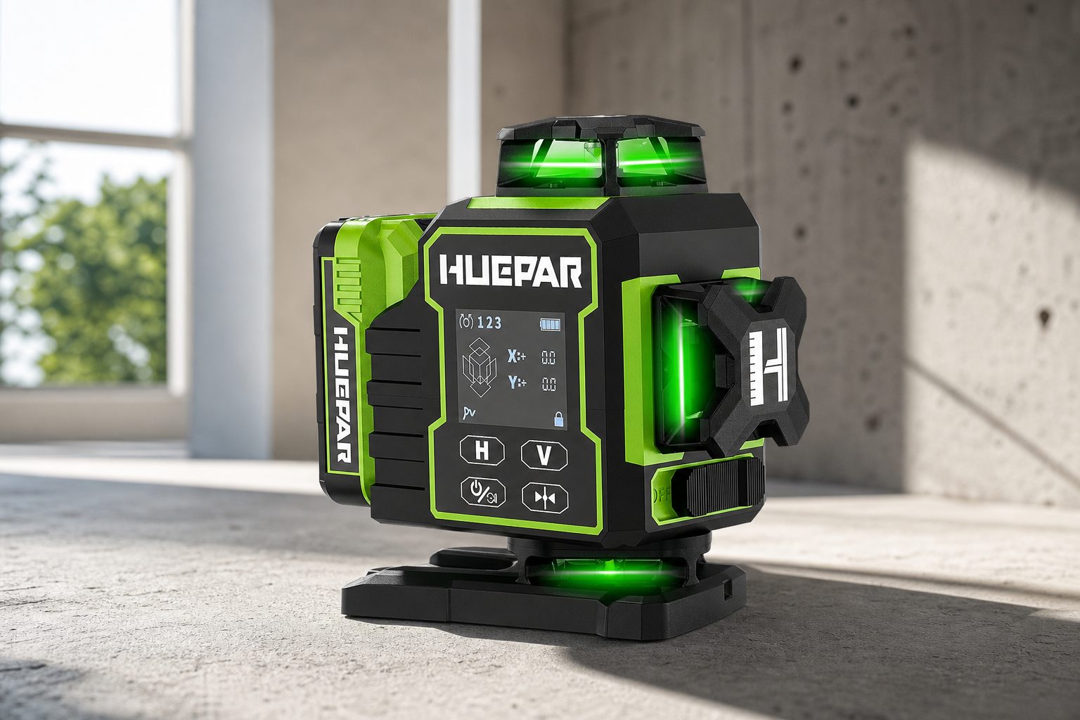 Huepar W03CG a W04CG sú pokročilé 360° laserové niveláky s Bluetooth, motorickou základňou a dotykovým LCD